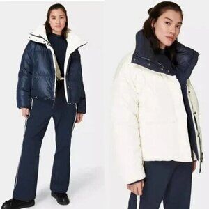 Sweaty Betty Downfall Reversible Puffer Jacket White Navy Blue Size M NWT $398